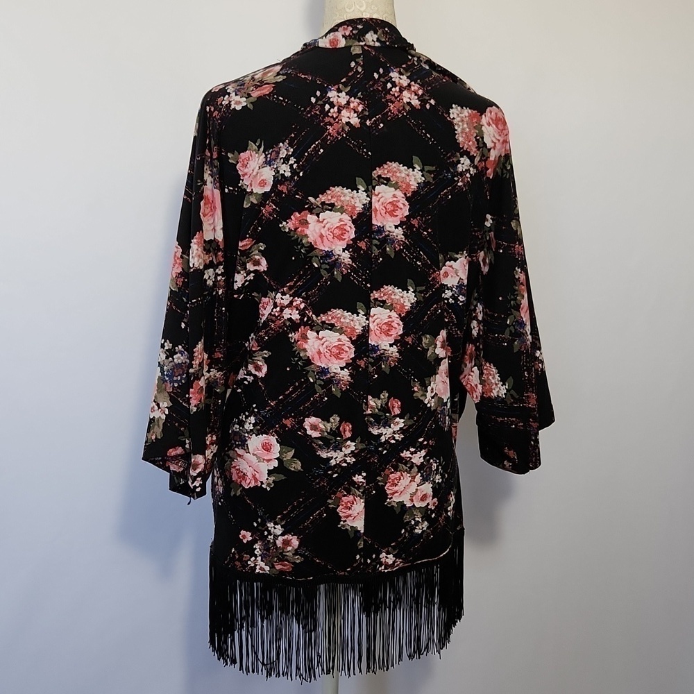 Women's Floral Print Fringe Hem Open Front Kimono Sleeve Shrug Cardigan Size L - Picture 7 of 9